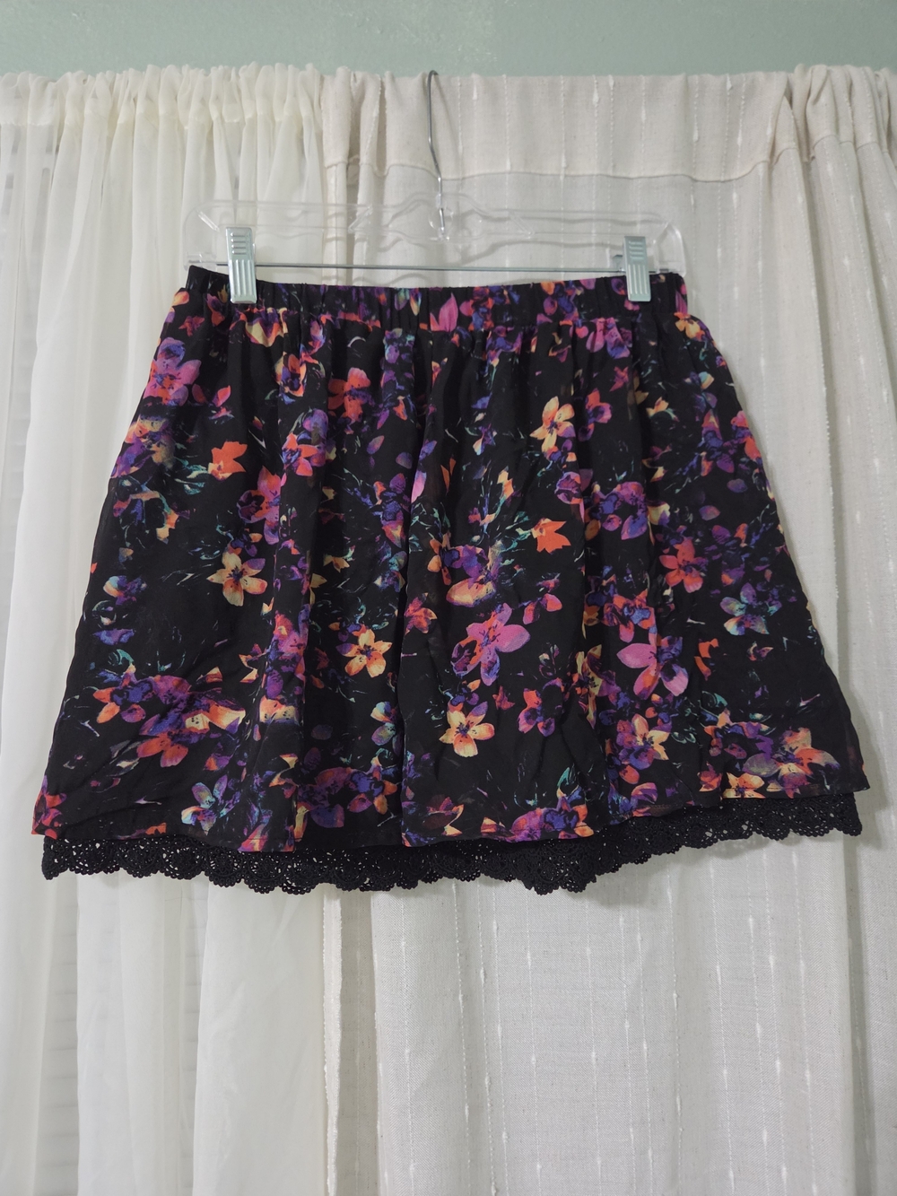 Decree Floral Black Mini Skirt with Lace Trim